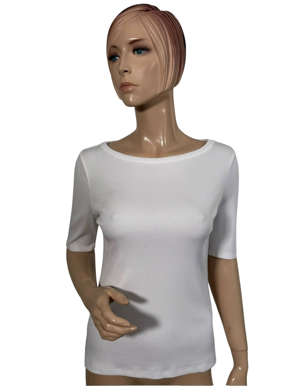 Tahari White Rib Knit Stretch Top Elbow Sleeve Medium